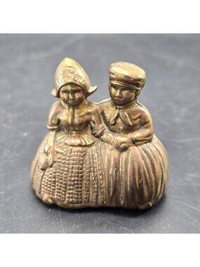 Vintage Dinner Bell Solid Brass Dutch Couple Figurine Rustic Charm VL5029